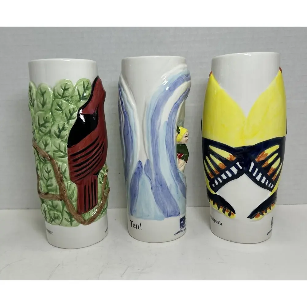 Vtg NCL Norwegian Cruise Line Tiki Mug 3pc Set-Surfer, Red Bird, Fish-Ceramic